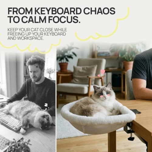 Cat Desk Bed, Foldable Clamp-On Cat Perch for Home Office & Gaming Desk, Holds up to 40 lbs, Paw-Shaped Clamp, Machine Washable Breathable Cover, Cloud Dancer White