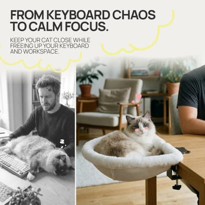 Cat Desk Bed, Foldable Clamp-On Cat Perch for Home Office & Gaming Desk, Holds up to 40 lbs, Paw-Shaped Clamp, Machine Washable Breathable Cover, Cloud Dancer White