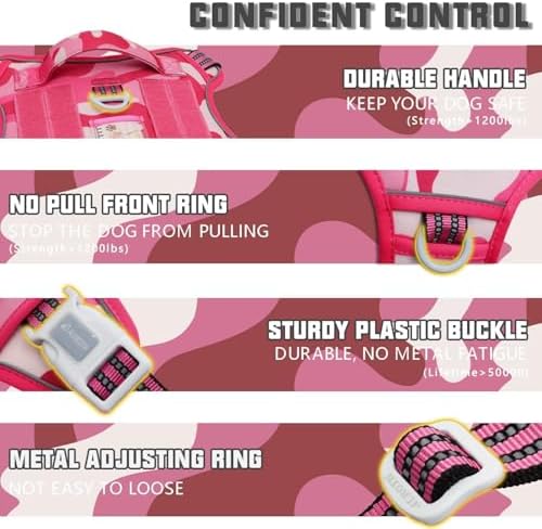 Auroth Tactical Pet Harness for Small Medium Large Dogs No Pull Adjustable, Reflective K9 Working Training Easy Control Vest Military Service Dog, Large, Pink Camo