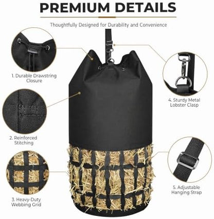 Hay Bags for Horses Slow Feed, Cylindrical Hay Net with Rounded Diamond Mesh, Durable Oxford Horse Hay Feeder Bag with Drawstring Top & Adjustable Strap for Goats Donkeys Livestock