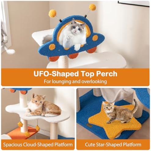 PETSITE 49-inch Cat Tree for Indoor Cats, Space-Themed Multi-Level Cute Cat Tree Tower with Sisal Scratching Posts, UFO Top Perch, Space Capsule, Cloud & Star Platforms, Dangling & Spring Balls