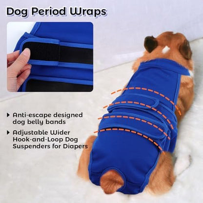 QBLEEV Female Dog Diapers with Adjustable Suspenders – Washable Sanitary Panties for Dogs in Heat or Incontinence, Escape-Proof Reusable Pet Period Underwear Onesie for Small to Large Breeds