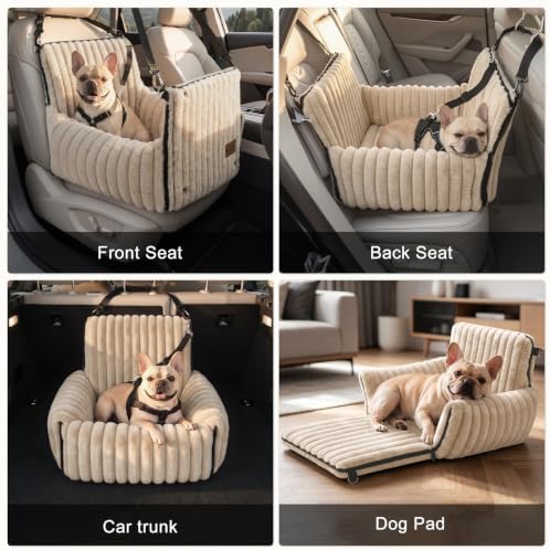 MIXJOY Dog Car Seat for Small/Medium Dogs up to 23 lbs, Multi-Functional Dog Carrier for Car with Detachable Washable Cover, Pet Travel Bed with Clip-On Safety Leash, Brown