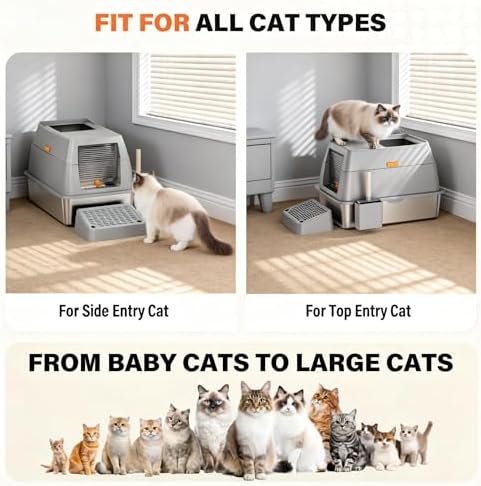 Stainless Steel Litter Box with Lid, Extra Large Enclosed Cat Litter Pan for Big Cats, High Sided Metal Litter Box with Enclosure, Front & Top Entry, Easy Clean, Anti-Leakage, Includes Scoop，Grey