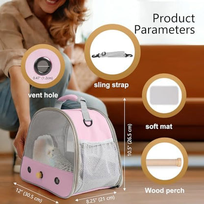 Bird Carrier, Portable Small Bird Parrot Parakeet Carrier with Standing Perch and Soft Mat, Side Access Window Collapsible (Pink, Mesh Windows)