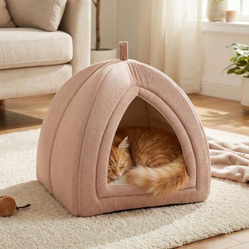 Amazon Basics Cat Cave Bed, 2-in-1 Foldable House for Indoor Cats, with Washable Cushion and Non-Slip Base, 17.5 x 17.5 Inches, Large, Pink