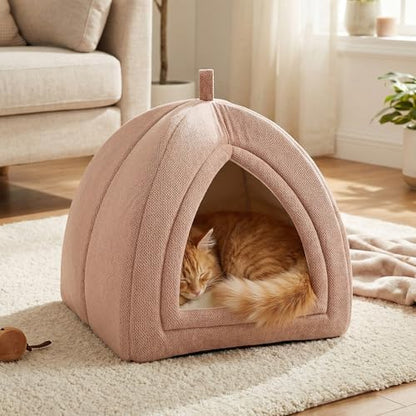 Amazon Basics Cat Cave Bed, 2-in-1 Foldable House for Indoor Cats, with Washable Cushion and Non-Slip Base, 17.5 x 17.5 Inches, Large, Pink