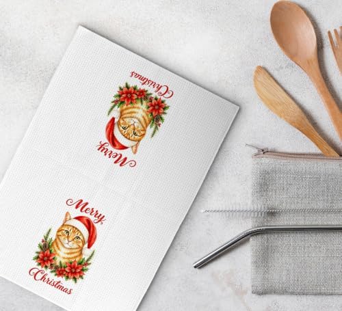 Merry Christmas Orange Cat Kitchen Dish Towels Dishcloth 16x24 Inches
