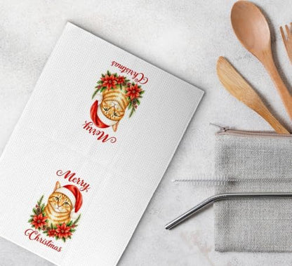 Merry Christmas Orange Cat Kitchen Dish Towels Dishcloth 16x24 Inches