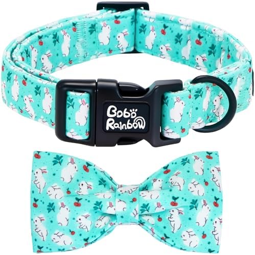 Dog Collars, Easter White Rabbit Print Blue Cotton Collar Holiday Adjustable Light Plastic Buckle Collar with Bow Pet Collar Gift for Large Dogs