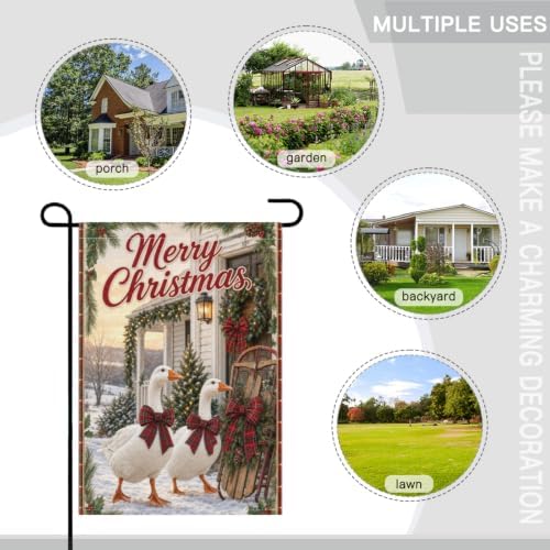 Christmas Goose House Flag 28x40 Inch Merry Holiday White Geese Plaid Bows Sled Tree Snowy Rustic Farmhouse Outdoor Yard Lawn Porch Double Sided Banner Winter Welcome Decor