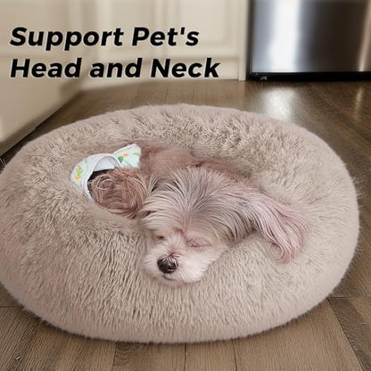 Calming Round Dog Bed & Cat Bed for Indoor Cats, Medium Size Washable Anti-Slip Anti-Anxiety Donut Dog Beds for Small Dogs & Cats, Fluffy Plush Soft Dog Bed(20 Inch, Light Brown)