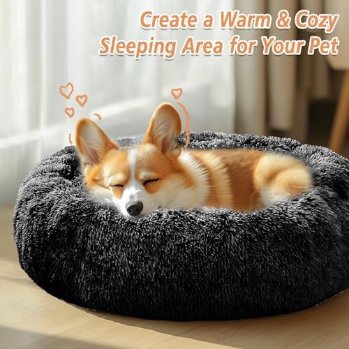 JOLLYVOGUE Calming Dog Bed Medium Size Dog, 31in Donut Washable Medium Pet Bed, Anti-Slip & Anti-Anxiety Fluffy Faux Fur Round Dogs Bed, Fits up to 45 lbs Pets (Black)