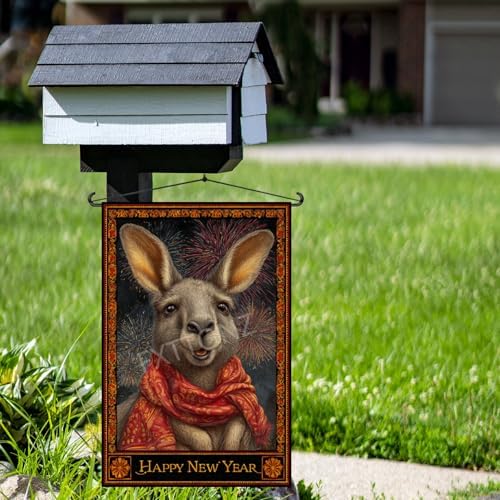 Happy New Year Garden Flag 12x18 Double Sided Vertical Linen Small Fireworks Kangaroo House Flag Welcome Holiday Winter House Outdoor Outside Decorations (27176)