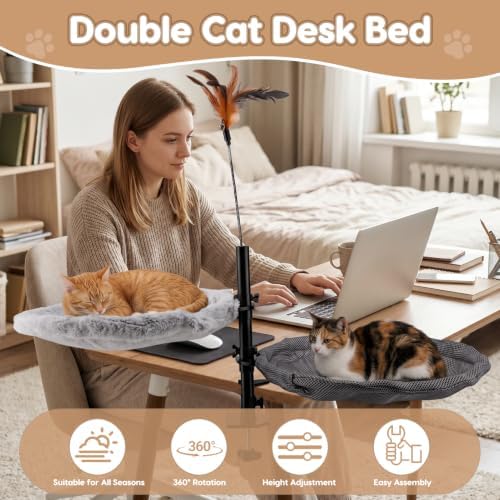 Gugxiom Double Cat Desk Bed, 360° Rotating & Adjustable Height, 4pcs 15.7in Summer/Winter Cat Mats, for Home Office Cats Small Pet, Supports up to 44 lbs