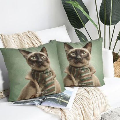 InkRain Winter Animal Cute Siamese Cat Pillow Cover 28x28 Inch Set of 2 Home Decor Decorative Cotton Linen Illustration Pillowcases for Living Room House Sofa