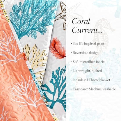 Lush Decor Coastal Reef Feather Reversible Throw Blanket, 50" W x 60" L, Blue & Coral - Throw Blankets for Bed - Couch Blanket - Coastal Throw Blanket for Couch