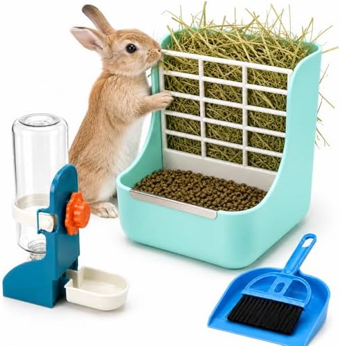 HERCOCCI Rabbit Hay Feeder and Water Bottle Set, 500ml Bunny Water Dispenser with Food Bowl, 2-in-1 Hay Rack Feeder for Guinea Pig, Chinchilla, Hedgehog, Small Animals