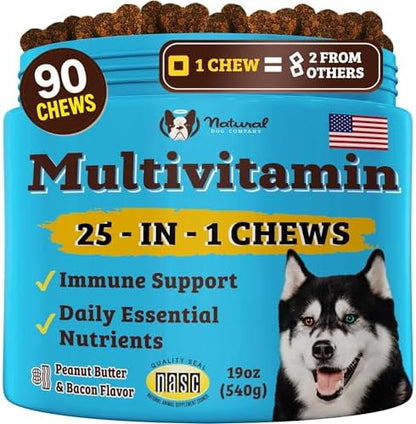 Natural Dog Company 25-in-1 Multivitamin for Dogs – Vet-Formulated Soft Chews for Puppies, Adults & Seniors, Supports Joints, Skin, Coat, Immune & Heart Health, NASC Certified, 90 Count
