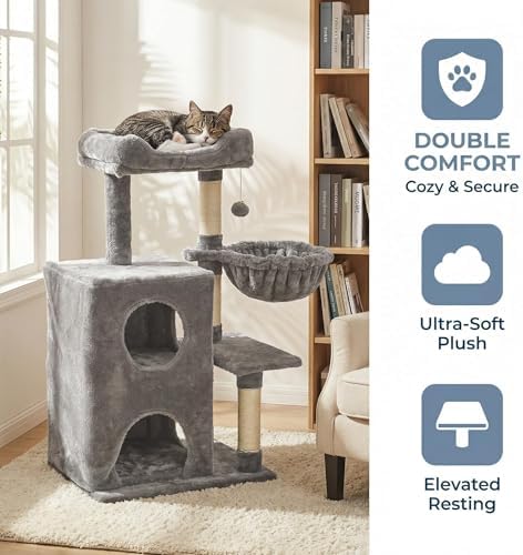 Fansafurn Cat Tree Tower for Indoor Cats, 36-inch Adult Cat Tree House for Large Adult Cats with Steps, Scratching Post, 2 Cat Condo, Dangling Toys, Light Grey