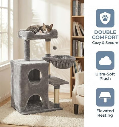 Fansafurn Cat Tree Tower for Indoor Cats, 36-inch Adult Cat Tree House for Large Adult Cats with Steps, Scratching Post, 2 Cat Condo, Dangling Toys, Light Grey