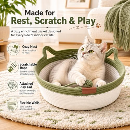 Instinct Basket for Cats - Handwoven Cotton Rope Enrichment Bed with Attached Toy Tail, Scratchable Interactive Pet Nest Features Flexible Walls to Fight Boredom & Protect Furniture (Brown & Mat, M)