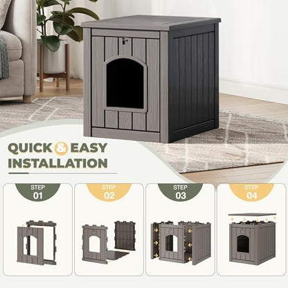 Cat Litter Box Enclosure, Enclosed Cat Litter Box Raised Floor, Openable Front Door Outdoor Cat House Weatherproof, Easy to Clean, Grey