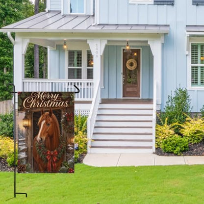 Merry Christmas House Flag 28x40 Inch Chestnut Horse Pine Wreath Red Bow Snowy Stable Lantern Rustic Winter Outdoor Yard Lawn Front Porch Welcome Double Sided Banner Decor