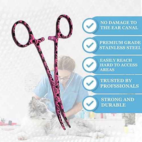 Dog Pet Ear/Nose Hair Puller Grooming Hemostat Locking Forceps Curved Pliers, 5.5" (14cm) Full Serrated Clamps Stainless Steel (Pink Paws)