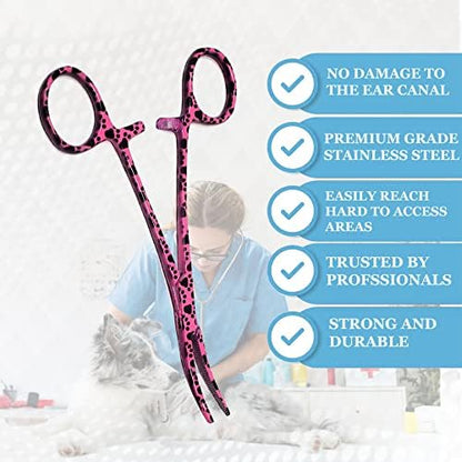 Dog Pet Ear/Nose Hair Puller Grooming Hemostat Locking Forceps Curved Pliers, 5.5" (14cm) Full Serrated Clamps Stainless Steel (Pink Paws)