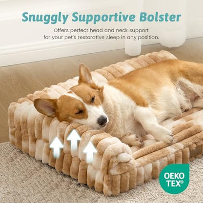 COZY KISS Faux Rabbit Fur Small Dog Bed – 30"x20" Orthopedic Foam Couch with Sides, Removable Washable Cover & Waterproof Lining, Tie-Dye Brown