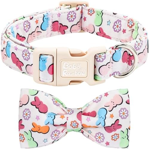 Dog Collars, Easter Colorful Rabbit Print Cotton Collar Holiday Adjustable Light Plastic Buckle Collar with Bow Pet Collar Gift for Large Dogs