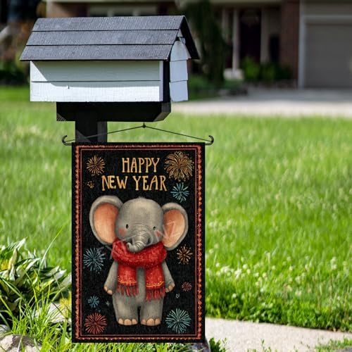 Happy New Year Garden Flag 12x18 Double Sided Vertical Linen Small Fireworks Elephant House Flag Welcome Holiday Winter House Outdoor Outside Decorations (27167)