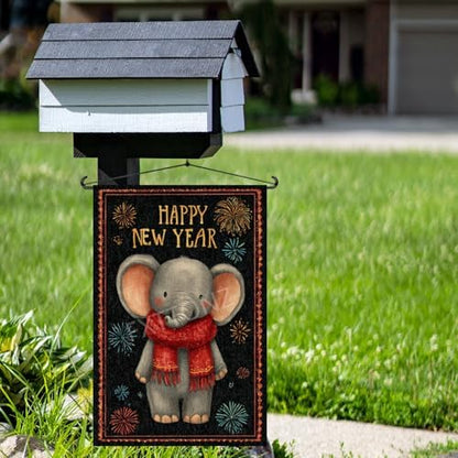 Happy New Year Garden Flag 12x18 Double Sided Vertical Linen Small Fireworks Elephant House Flag Welcome Holiday Winter House Outdoor Outside Decorations (27167)