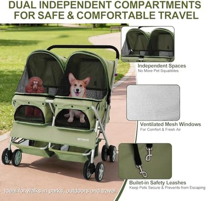 Double Pet Stroller for 2 Small Dogs & Cats, Side-by-Side Twin Travel Carriage with Safety Leashes, Mesh Windows & Double Storage Baskets, Lightweight & Foldable, 44lbs Capacity, Green