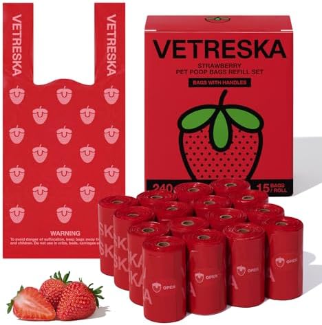VETRESKA Dog Poop Bag with Handles 240 Count, Strawberry Scented Waste Bag
