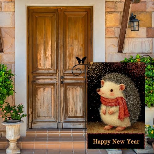 Happy New Year Garden Flag 12x18 Double Sided Vertical Linen Small Fireworks Hedgehog House Flag Welcome Holiday Winter House Outdoor Outside Decorations (27183)
