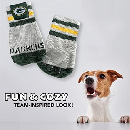 NFL Green Bay Packers Anti Slip Dog Socks with Elastic Ribbed Top, Size X-Small/Small. Indoor/Outdoor Socks, Best Dog Paw Protector, 2 Pairs, Cool Puppy Supplies with NFL Logo of Packers Team