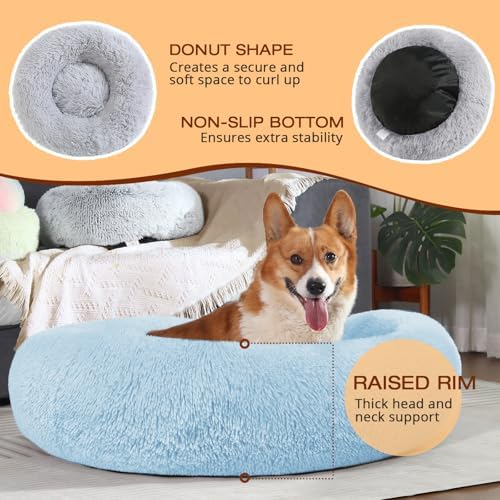 JOLLYVOGUE Dog Bed, Calming Anti-Anxiety Large Dog Bed, Fluffy Donut Cushion for Medium and Large Pets (31")