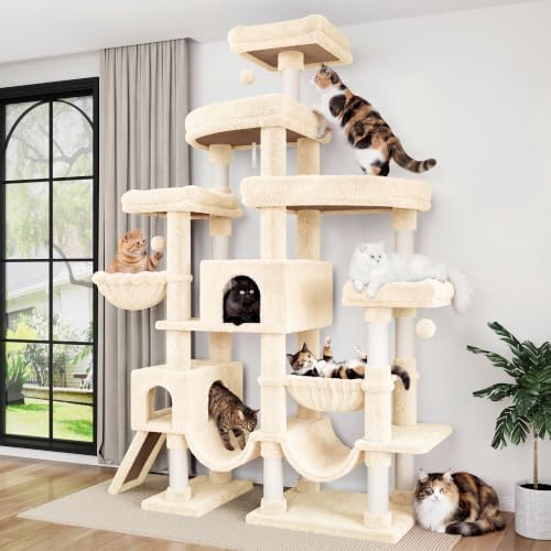 SHA CERLIN 83 in Cat Tree Tower for Indoor Adult Felines 20lbs+/Multi-Level Heavy Duty Cat Tower for Big Maine Coon/Giant Perches/Wide Baseboard/Sisal Scratching Posts/Cozy Condos/Beige