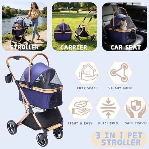 Chihuahua 3-in-1 Foldable Pet Stroller 4-Wheel for Small Dogs,Navy Blue