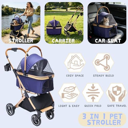 Chihuahua 3-in-1 Foldable Pet Stroller 4-Wheel for Small Dogs,Navy Blue