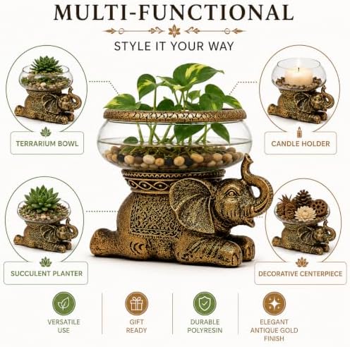 Good Luck Elephant Terrarium Bowl, Antique Gold