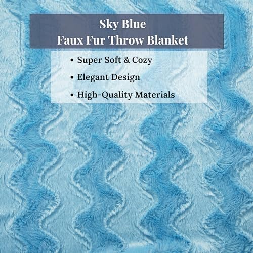 Tache Bright Sky Blue Faux Fur Throw Blanket Chevron Pattern Light Soft Fuzzy Warm Sherpa Throw Blankets, 50x60