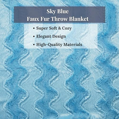 Tache Bright Sky Blue Faux Fur Throw Blanket Chevron Pattern Light Soft Fuzzy Warm Sherpa Throw Blankets, 50x60