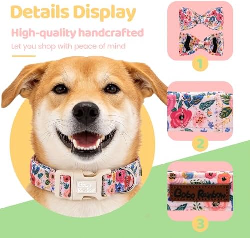 Dog Collars, Spring Blue Flower Print Cotton Collar Light Pink Adjustable Light Plastic Buckle Collar with Bow Pet Collar Gift for Large Dogs