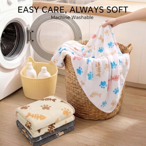 Luciphia 1 Pack 3 Blankets, Cute Cat Printed Fluffy Fleece Pet Blanket for Dogs Cats Washable, Warm Soft Throw Cover for Crate Couch, Gifts Puppy Essentials, White/Grey/Khaki, Medium (30x20 inch)