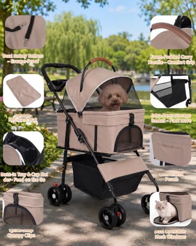 Pet Stroller, 3 in1 Foldable Dog Cat Stroller with Detachable Carrier-Khaki