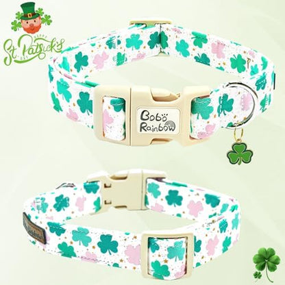 St Patrick's Day Dog Collar-Adjustable Cute Trefoil Pet Collars Cotton Clovers Holiday Puppy Collar Green Spring Necklace Gift for Small Dogs