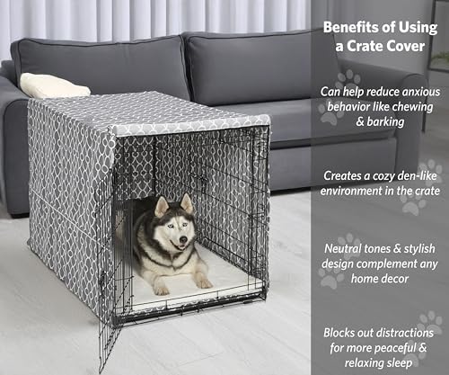 MidWest Homes for Pets XL Dog Crate Cover with Teflon Fabric Protector, Poly-Cotton Privacy Kennel Cover Fits Most 48-inch Crates, Gray Designer Print, Washable, Reduces Barking